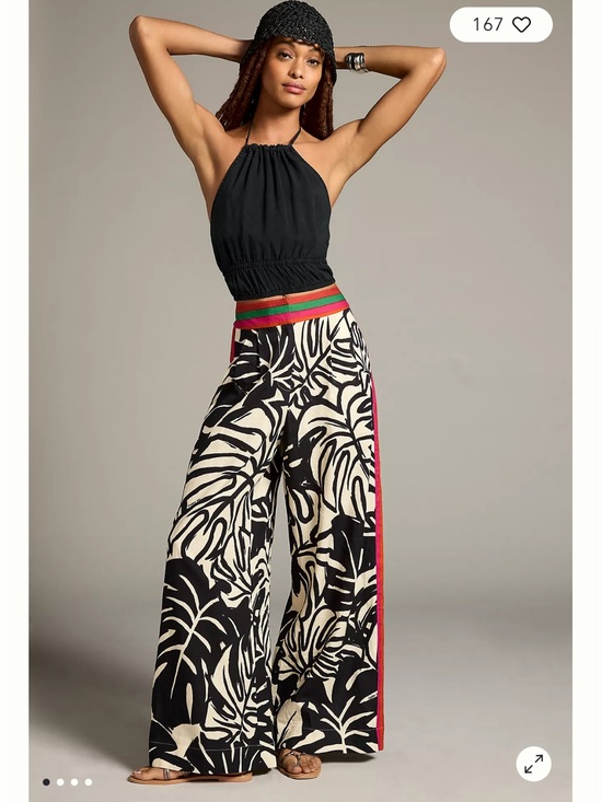 FARM Rio Pants - FARM Rio Black Halter Top with Cream & Black Palm Wide-Leg Pants